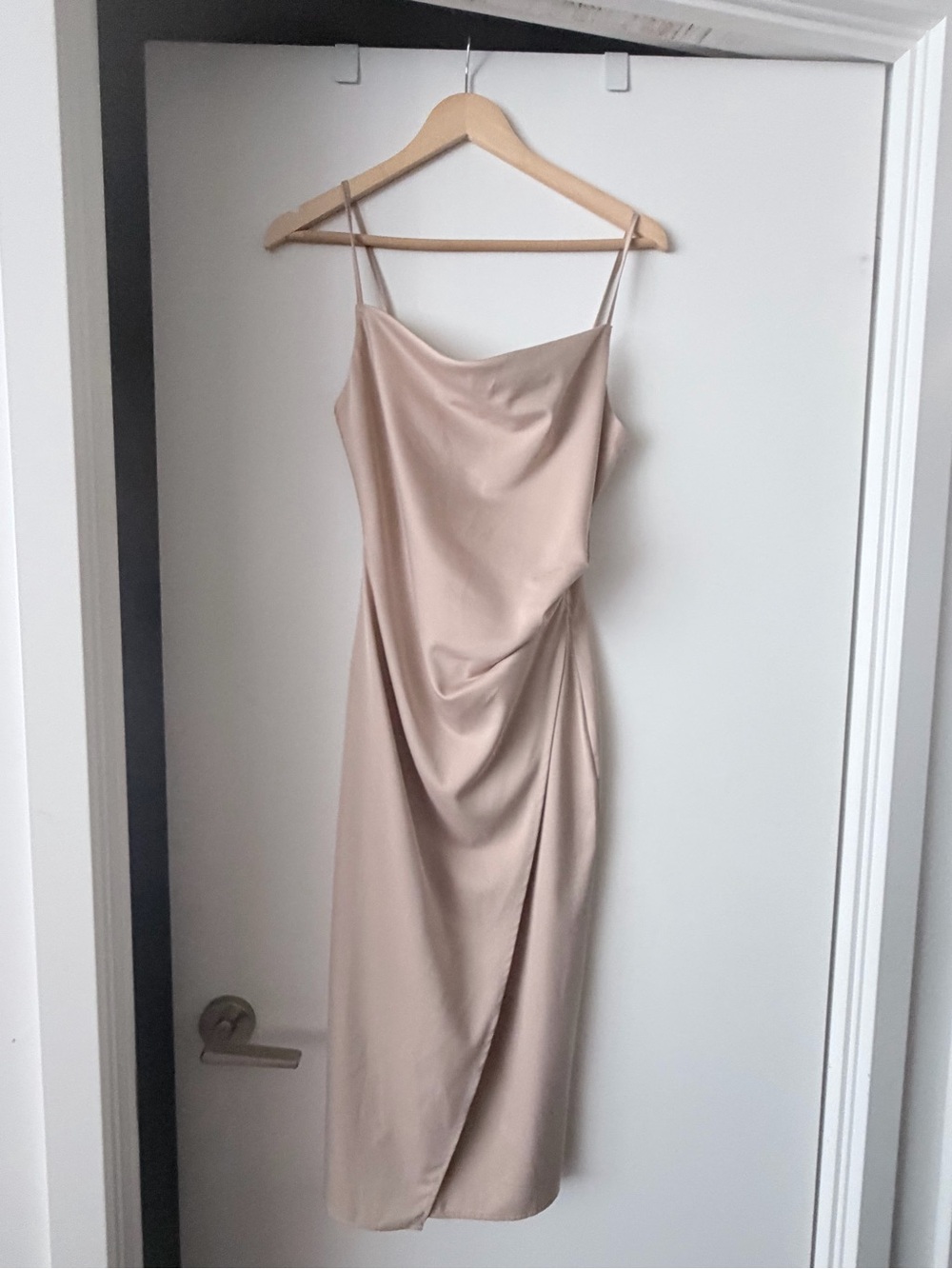 Nude Satin Slip Midi Dress with Side Drape - Women's Elegant Evening Dress
